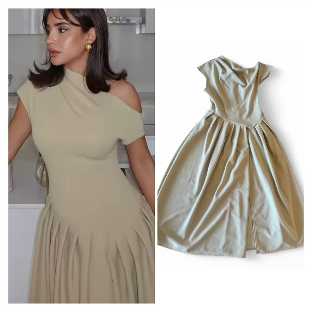 Chic Beige One-Shoulder Midi Dress – Size S